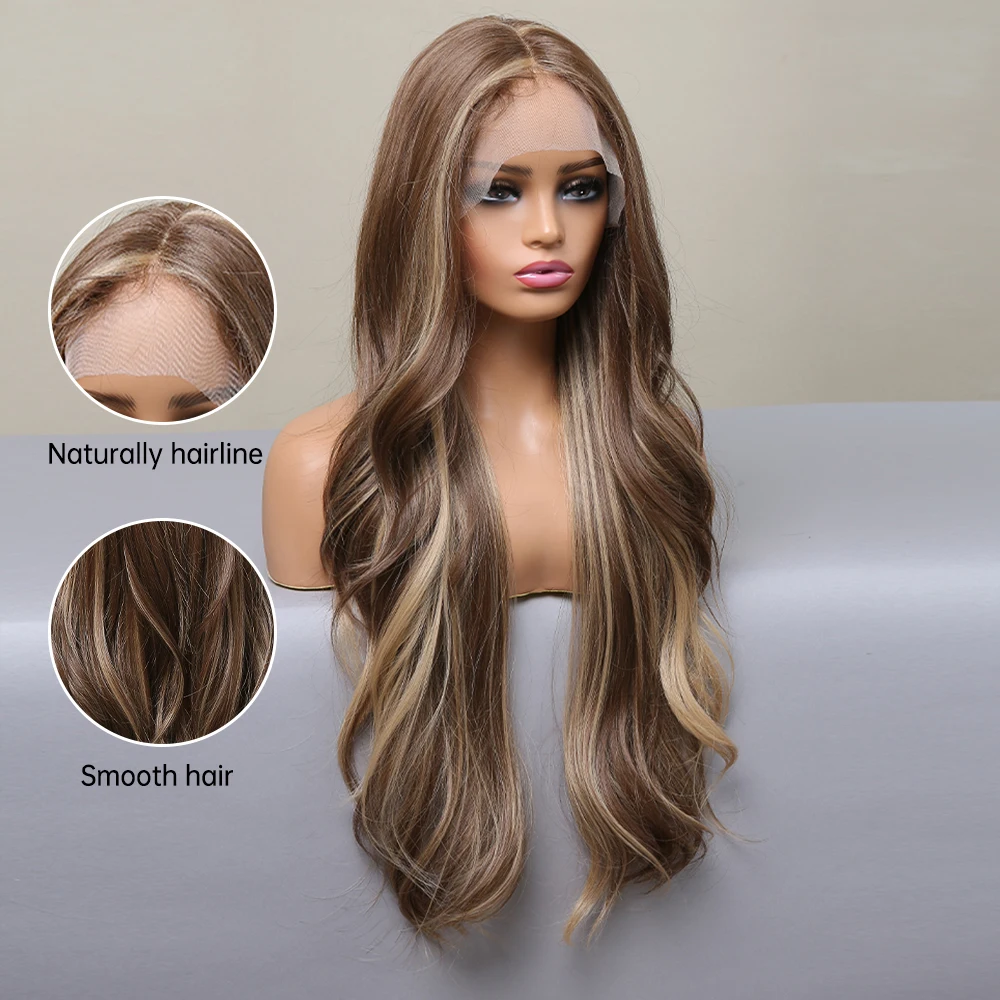 ALAN EATON Long Mixed Brown Blonde Ash Lace Front Synthetic Hair Wigs Middle Part Body Wave Lace Hair Wig for Black Women Afro