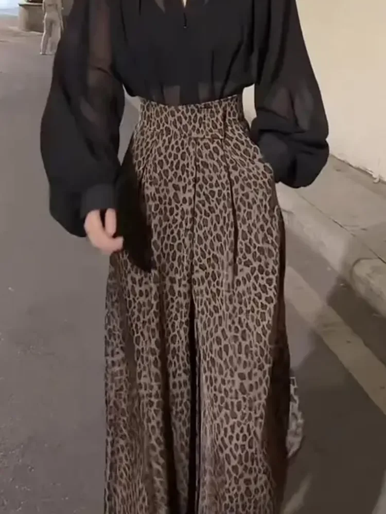 

American retro spicy girl leopard print high waisted casual pants summer Harajuku style women's new fashionable wide leg pants