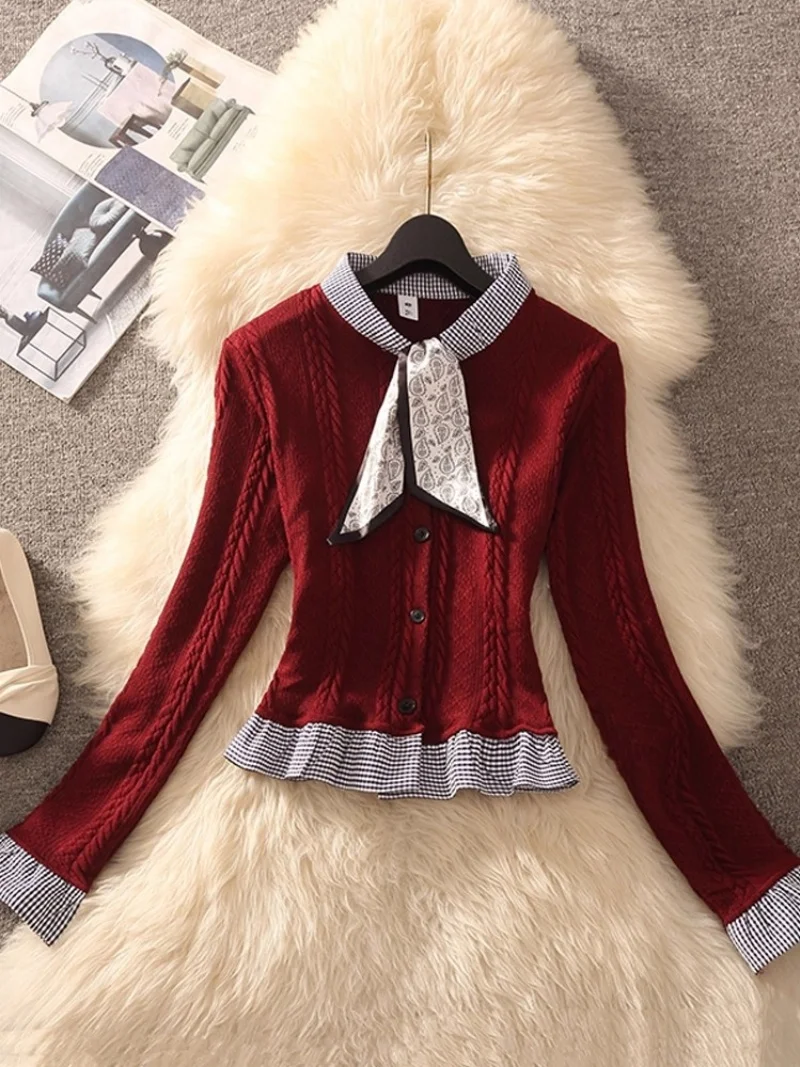 Design Autumn Knitted Top Long Sleeve 2025 New Model, Fashion Single Breasted Plaid Spliced Elegant Shirt W1814
