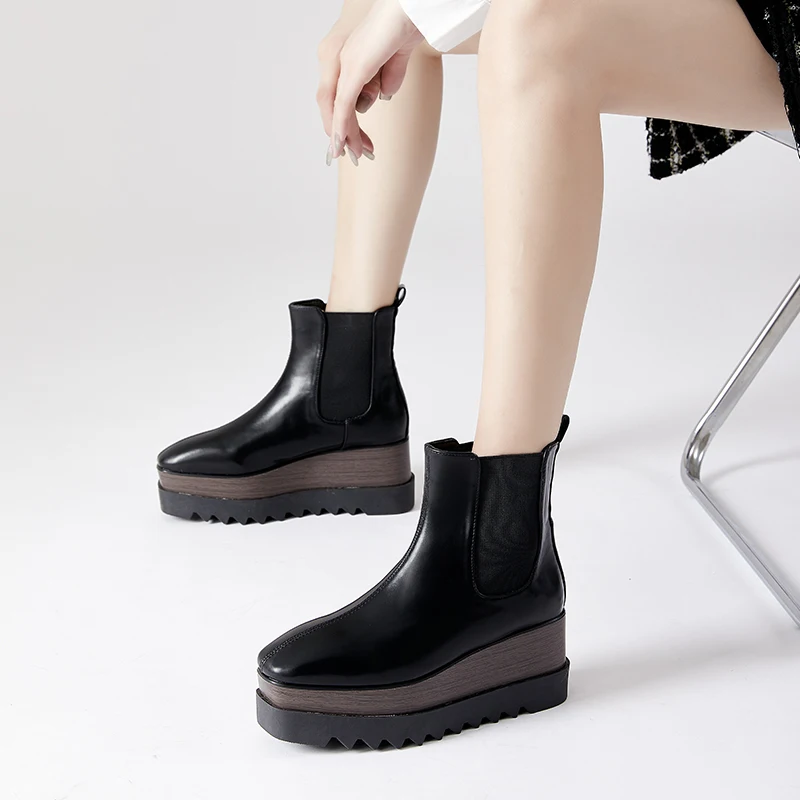 8cm Chunky Platform Boots Womens High Heels Winter Warm Ankle Boots Casual Square Toe  Wedges Creepers Black Ladies Boots