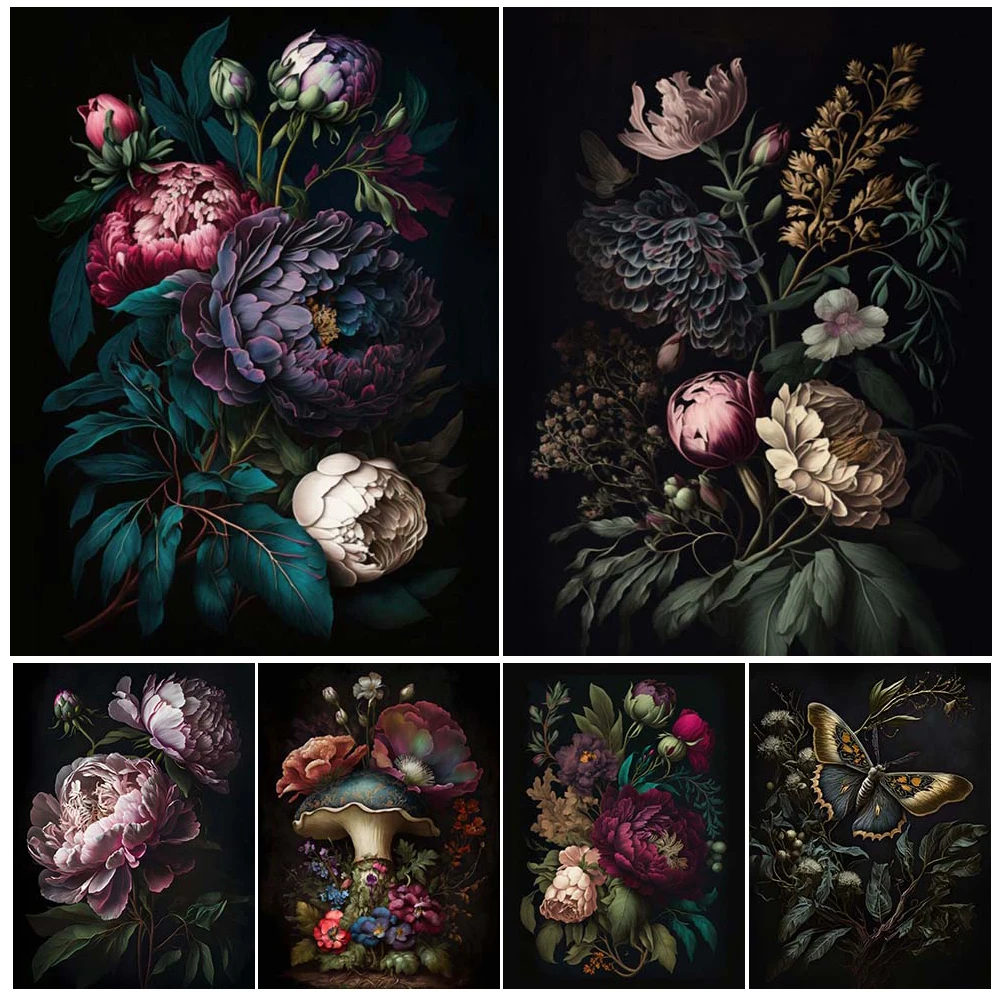 Moody-pintura en lienzo para pared gótica, polilla botánica Floral, planta mágica, póster artístico de Academia oscura e impresión, decoración del hogar sin marco