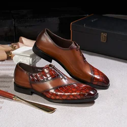 Luxury Men's Oxfords Cow Patent Leather Fashion Crocodile Pattern Wedding Party Dress Shoes for Men Lace-Up Office Formal Shoes