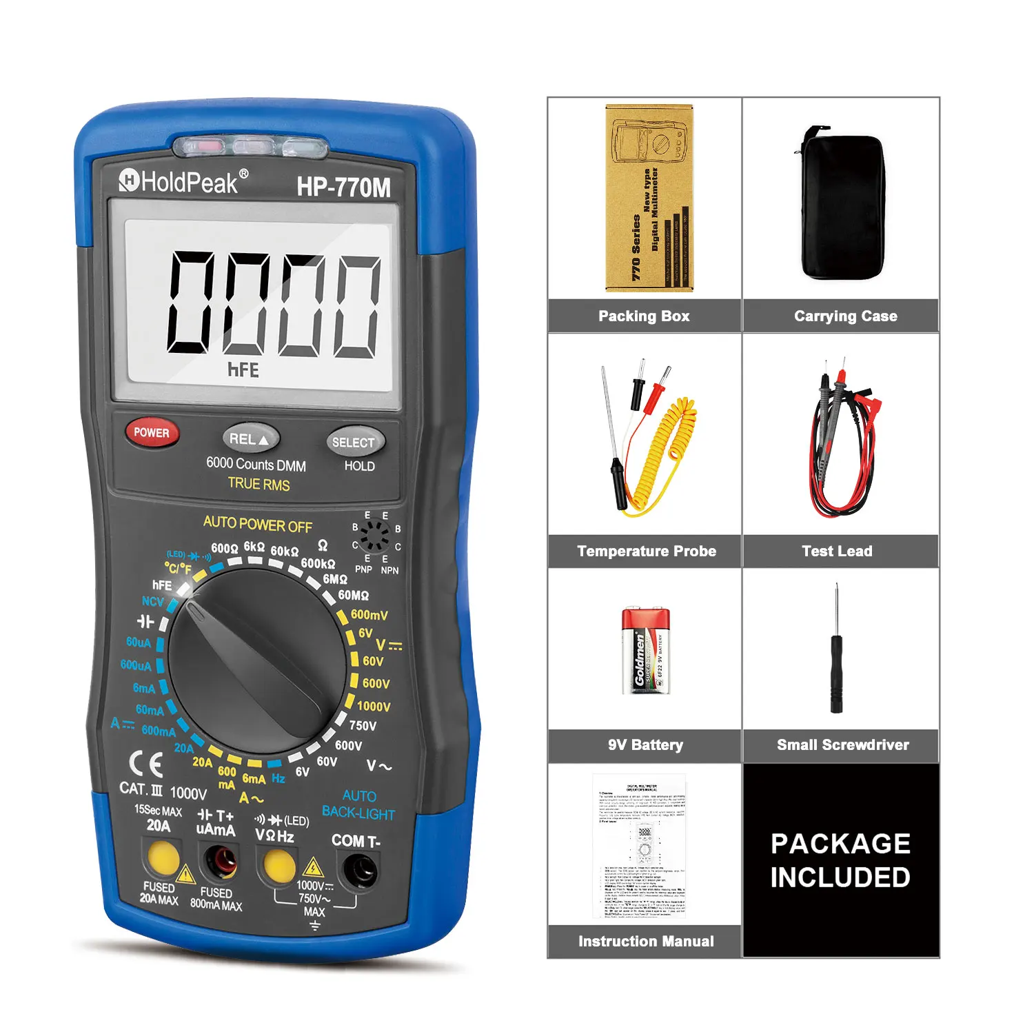 HoldPeak Digital Multimeter HP-770M Auto Range RMS Detector AC/DC Ammeter Voltmeter Ohm NCV HFE Transistor Tester multimetro