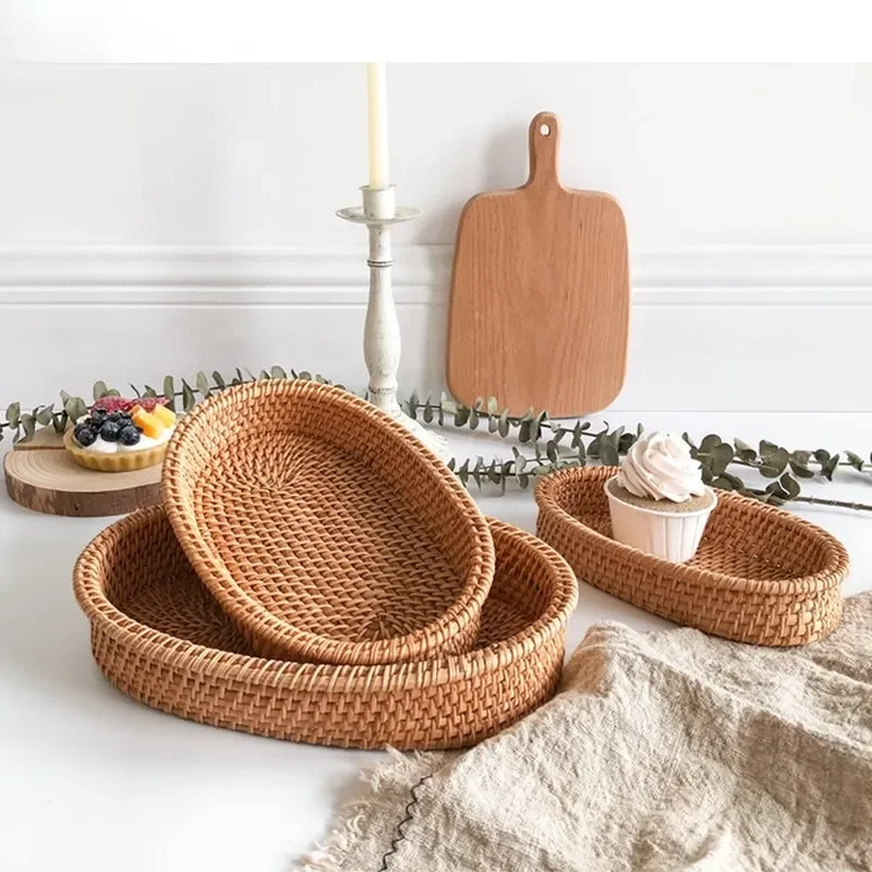 

New Handwoven Rattan Round Wicker Basket Snack Bread Fruit Tea Picnic Tray Snacks Storage Box Kitchen Supplies Basket Fruit Tray