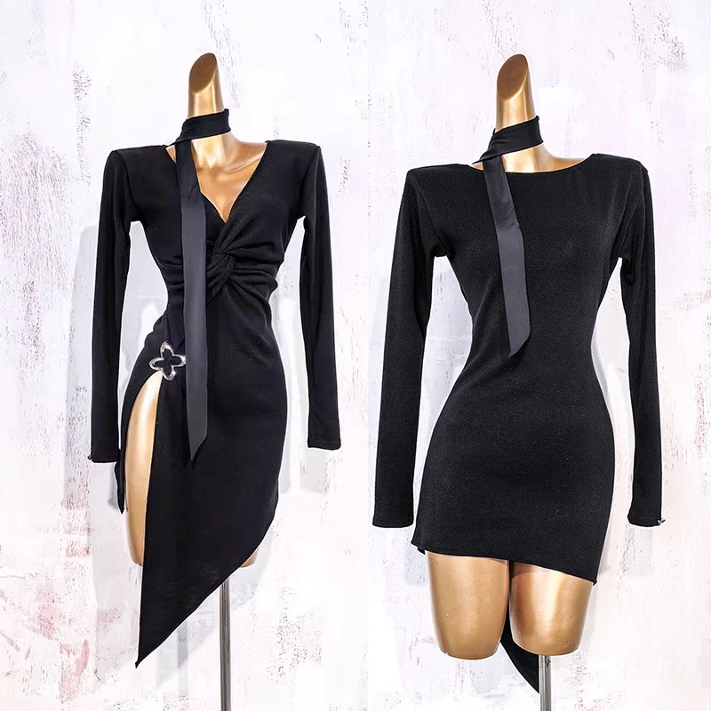 

Новое платье для латинских танцев, платье нестандартной формы с v-образным вырезом, костюмы для выступлений для женщин, наряд для чача, румбы, танго, спереди сзади, DN22521