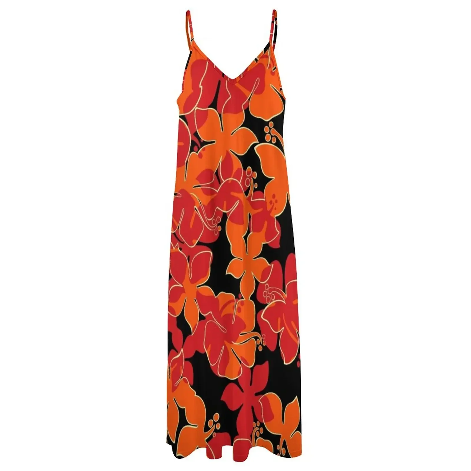 Hanalei-Vestido estampado floral havaiano feminino, camisa Camo Aloha, sem mangas, vermelho, laranja e preto, saia de verão