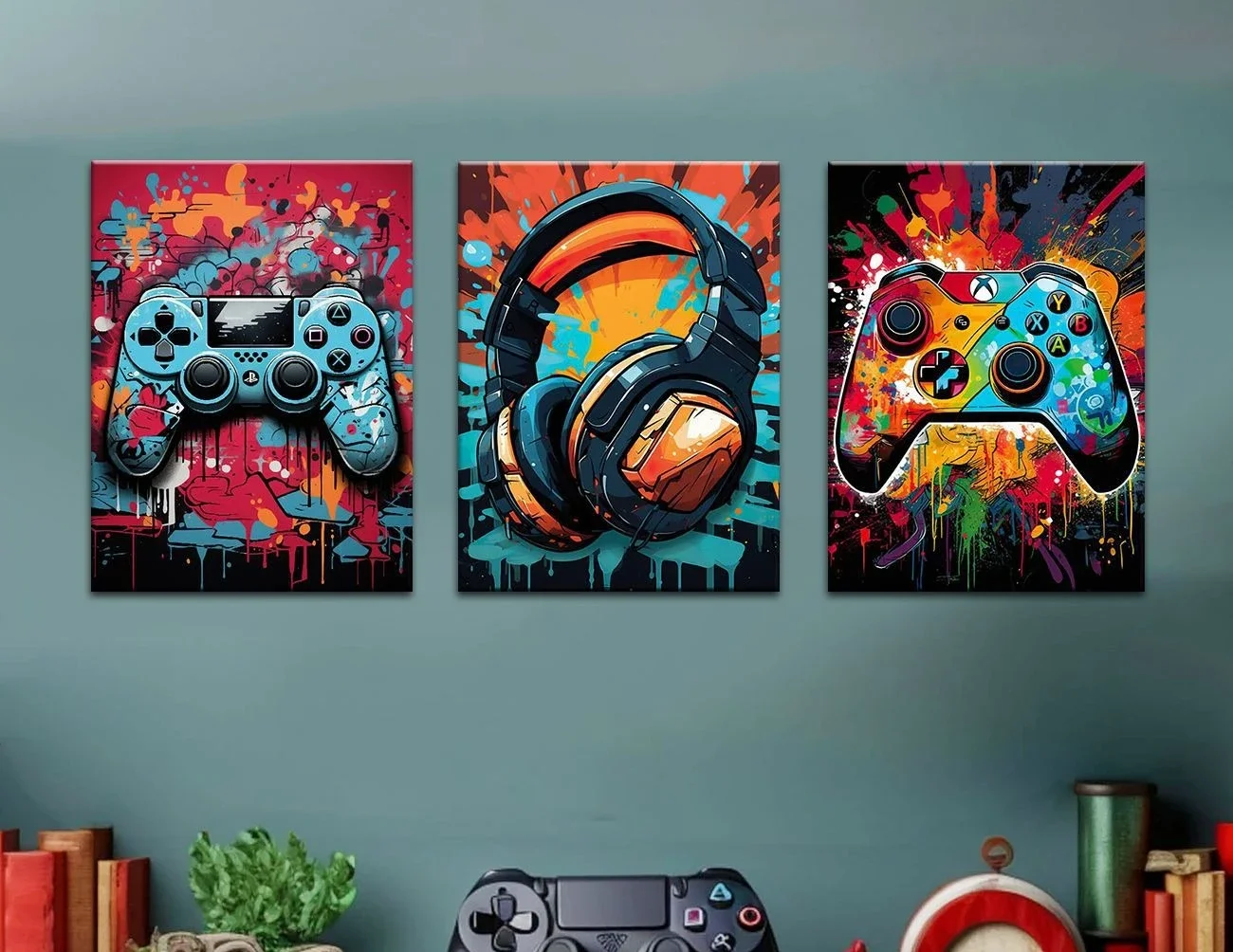 3PCS Framed Gaming Controller Canvas Wall Art, Graffiti Headset Prints for Game Room
