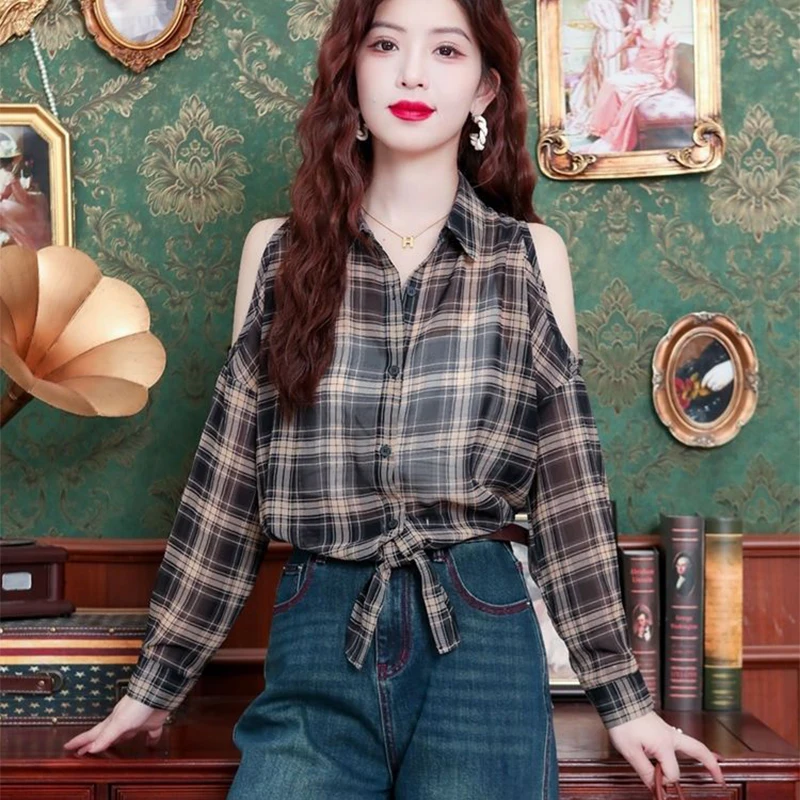 

Chic Retro Off-shoulder Plaid Shirt For Women Spring Summer Casual Loose Long Sleeve Blouse Female All-match Lapel Thin Shirts