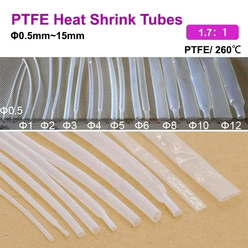 1/5/10/30/50M 1.7:1 Transparent PTFE Heat Shrink Tube 0.5mm ~ 12mm 260℃ 600V High Temperature Pipe Shrink Tubing For Wires