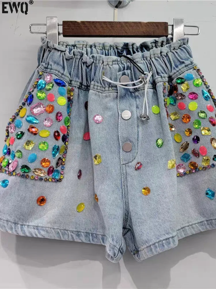 

[EWQ] European High Waist Button Sequined Multicolour Gemstone Design Denim Short Pants For Women 2024 Summer New Clothing GZ425