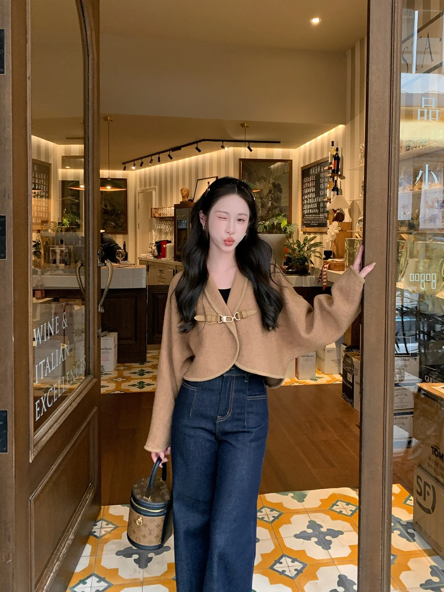 

Golden Brown Ele ort Woolen Coat Women's Faion Spring New Sle Button up Top Quali Polyester Fiber Stand Fit