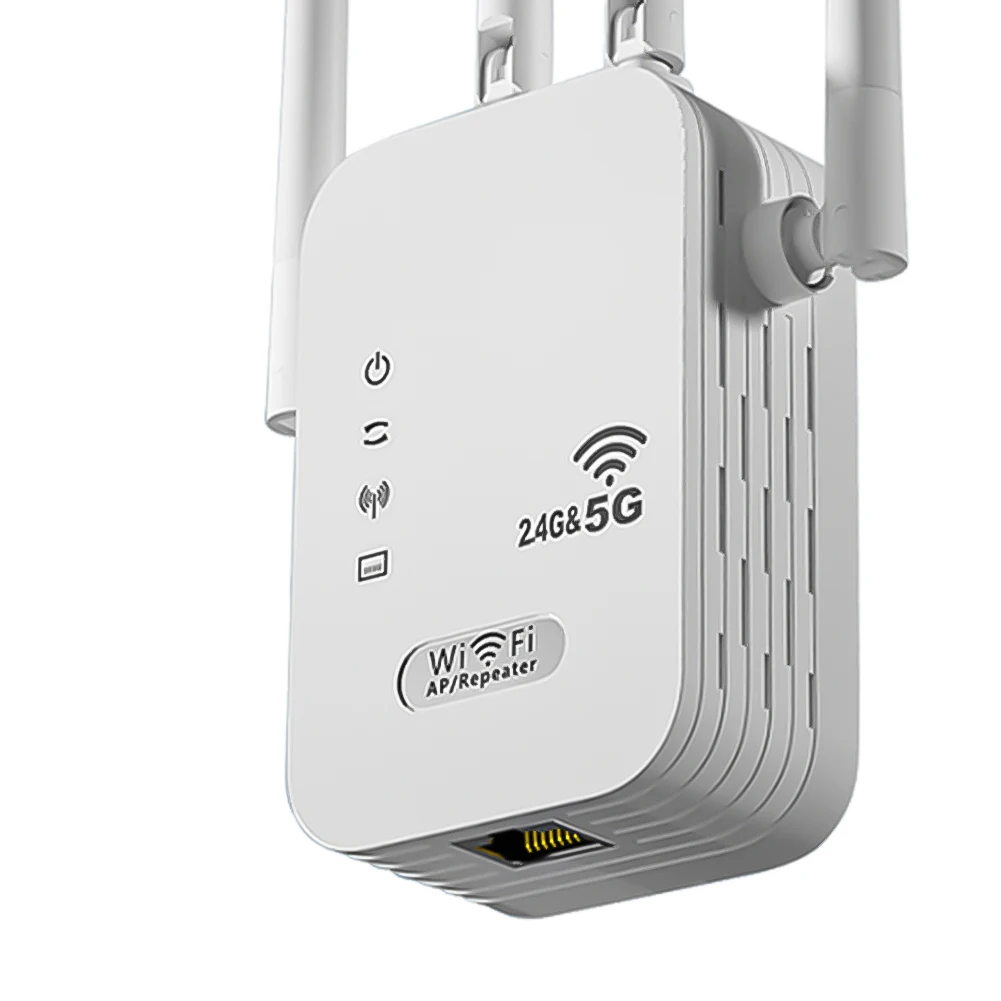 Repetidor WiFi inalámbrico de 1200Mbps con puerto WAN/LAN amplificador de señal Wi-Fi de doble banda de 2,4 GHz/5GHz 4 antenas potenciador WiFi para el hogar