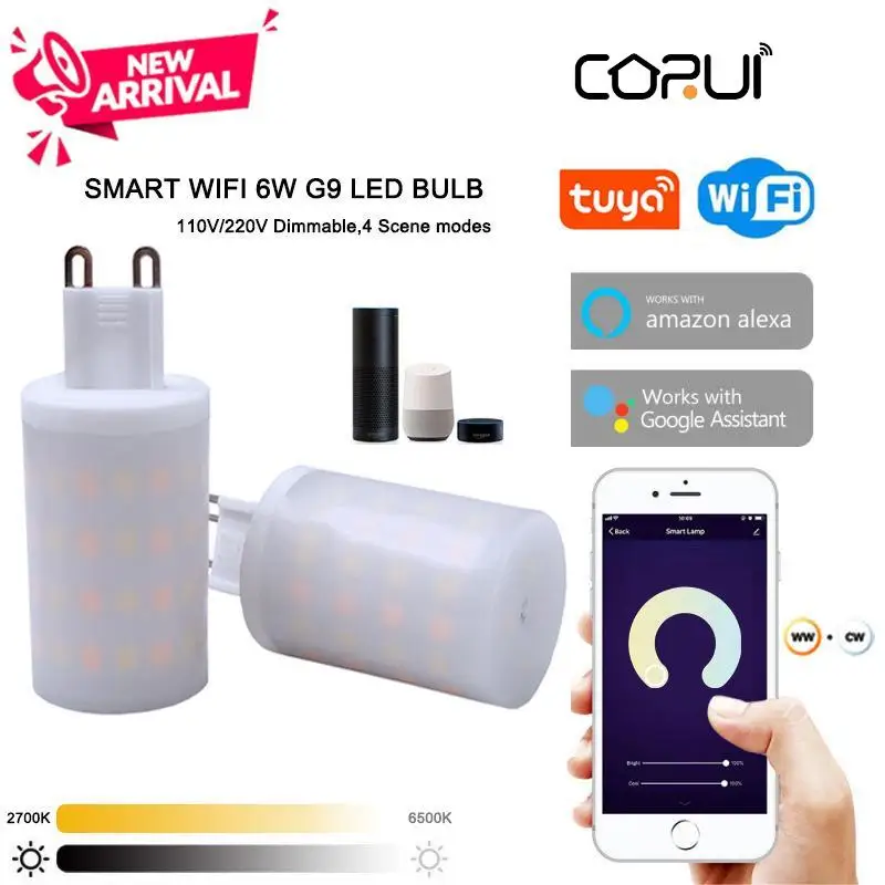 CORUI-bombilla inteligente con WiFi para el hogar, lámpara LED G9 regulable de 6W, 220-240V, compatible con Alexa y Google Home, Control por voz, Tuya