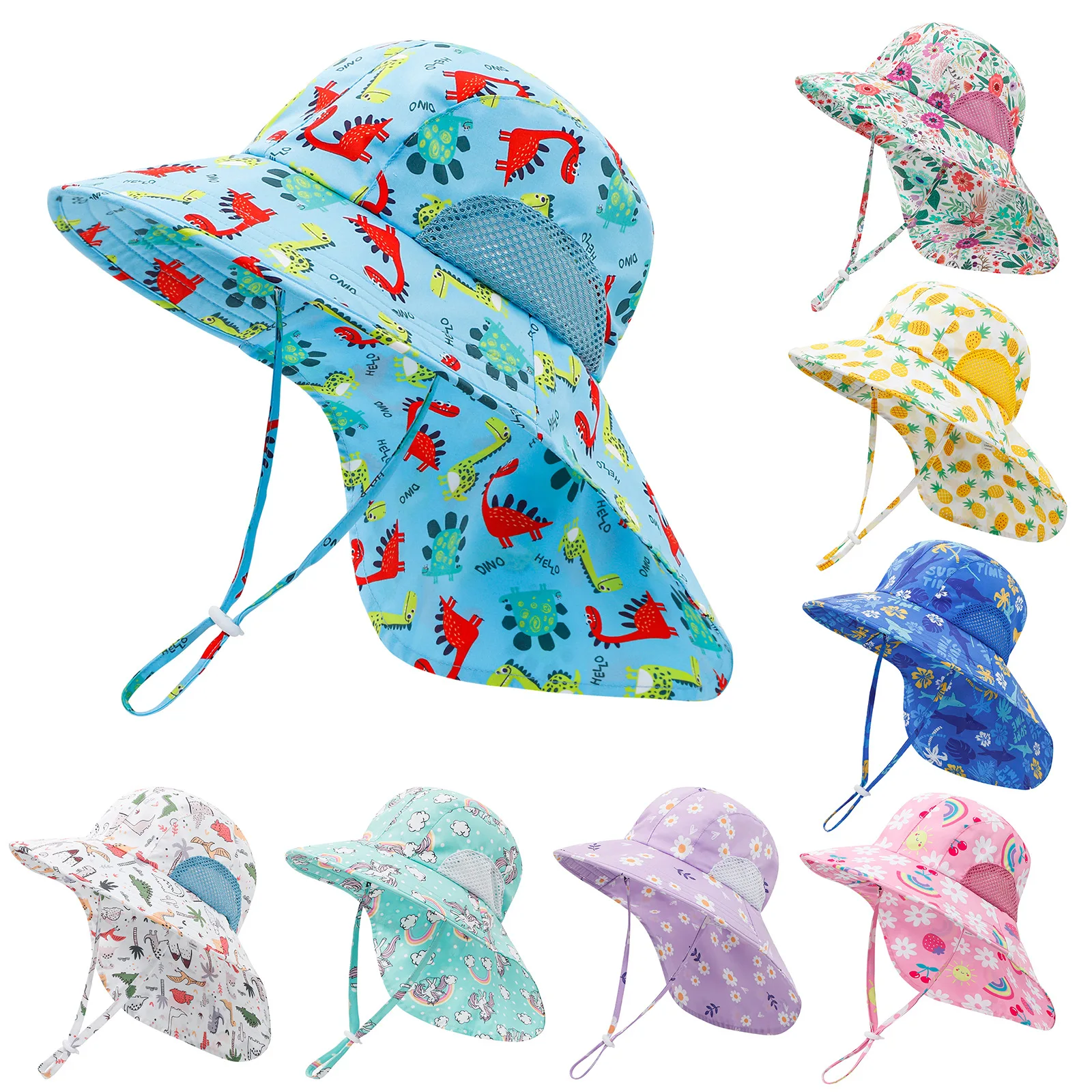 

Side Mesh Breathable European and American Children Neck Protection Visor Hat Sun Hat Kids Flower Print Prevent UV Hat
