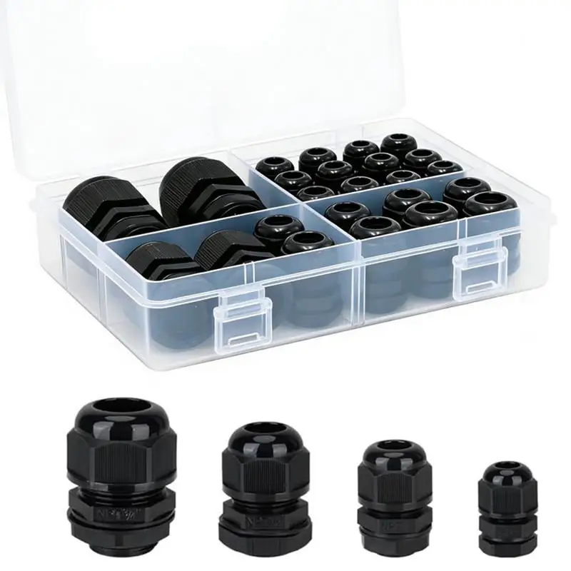 38pcs NPT Nylon Cable Glands Kit Waterproof Adjustable 1/4'' 3/8'' 1/2'' 3/4'' Plastic Strain Relief Cord Connectors With Gasket