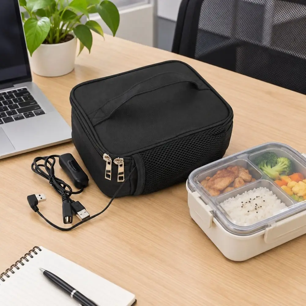 Waterproof Electric Lunch Heated Bag Aluminum Foil Lining Large Capacity Lunch Box Warmer Packet Rectangular Black