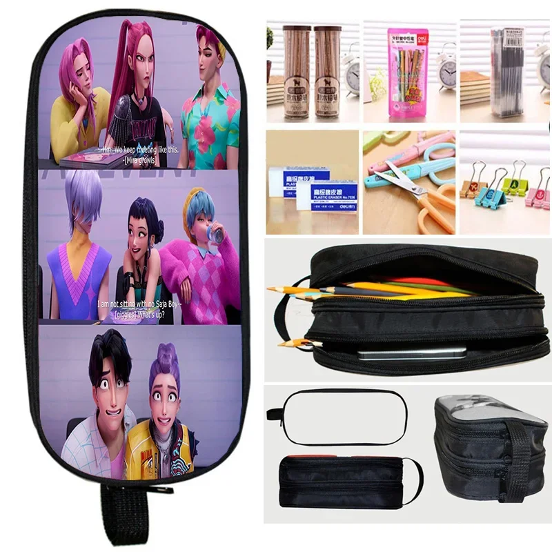 KPop شيطان الصيادين تصميم طبقة مزدوجة القلم الكرتون الطفل متعة لعبة مقلمة أطفال حقيبة مستحضرات تجميل باردة طالب ثلاثية الأبعاد طباعة صندوق القلم