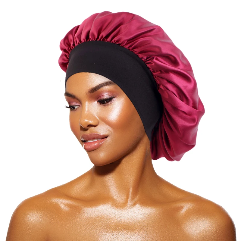 Dames Satijn Effen Mutsen Breedgerande Nachtrust Badmuts Unisex Hoofdwikkel Elastische Band Cap Haarverzorging Motorkap - afbeelding 1