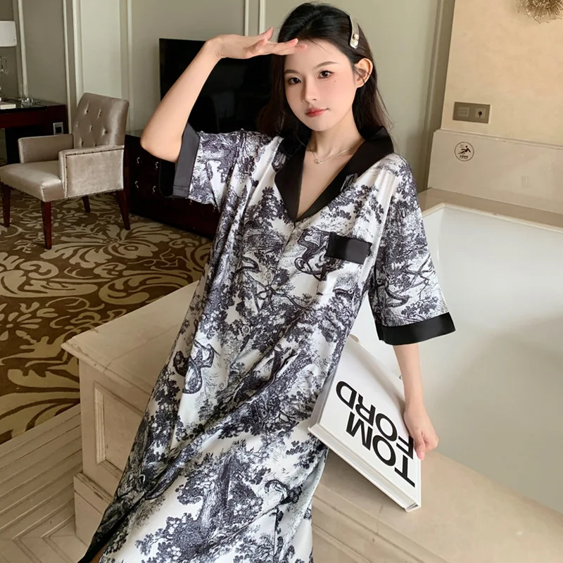 Women's Nightgowns Sleepwear Shirts Nightdresses Spring and Summer Thin Print Satin Silk Nightwear Large Size Loose Loungewear