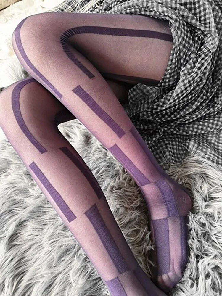 Japanese Style Sexy Purple Rectangular Geometric Block Sheer Tights Girls Cute High Elasticity Thin Jk Pantyhose for Women Niche