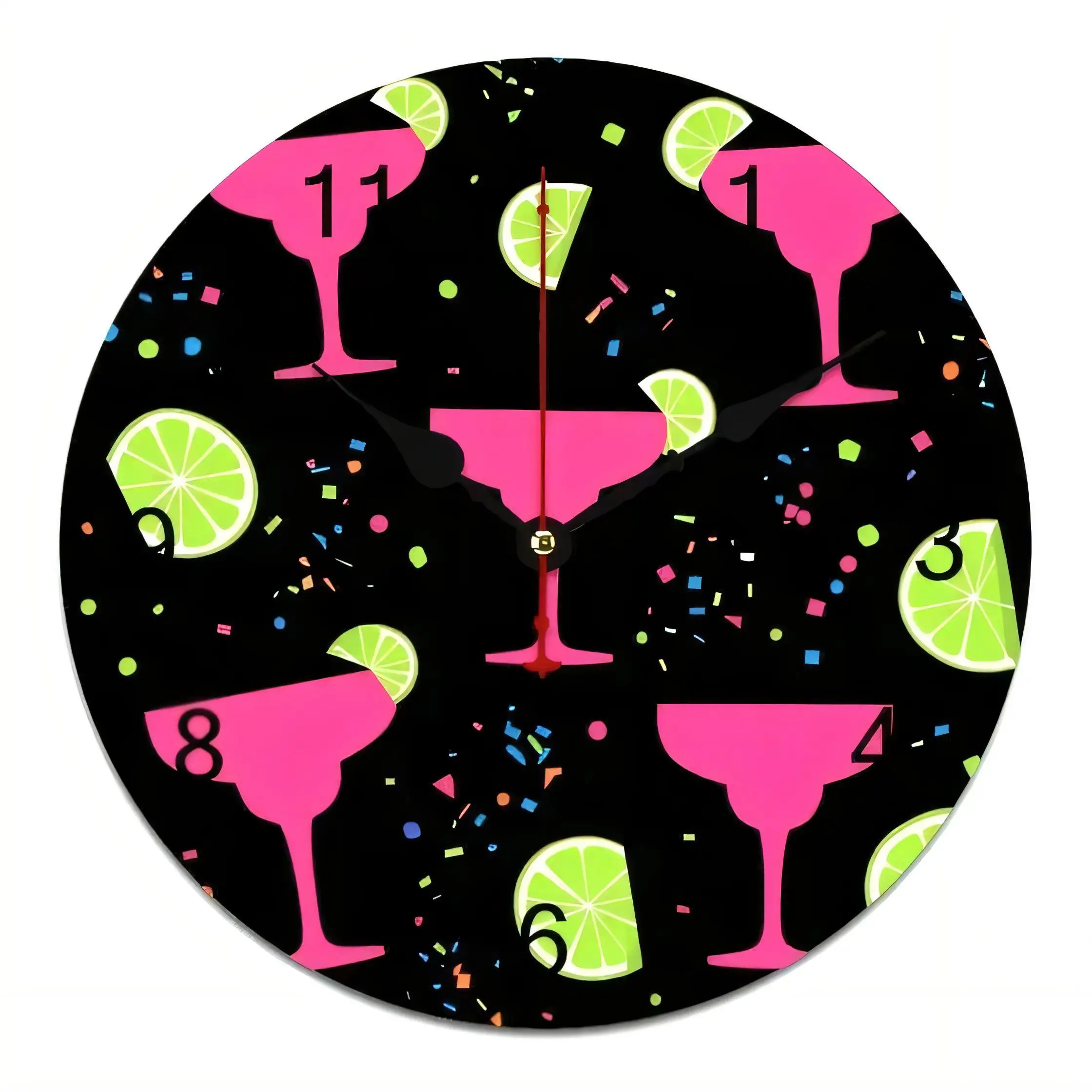 Party Theme  Wall Clock Black Background Pink Margarita Glasses Lime Confetti Silent Non Ticking Battery Operated Home Decor