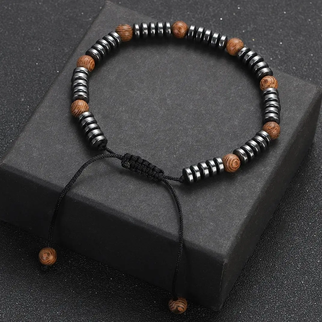 Natural Black Hematite Wood Beads Weaving Bracelet for Women Men Handmade Adjustable Rope Bracelets Homme Yoga Jewelry pulsera