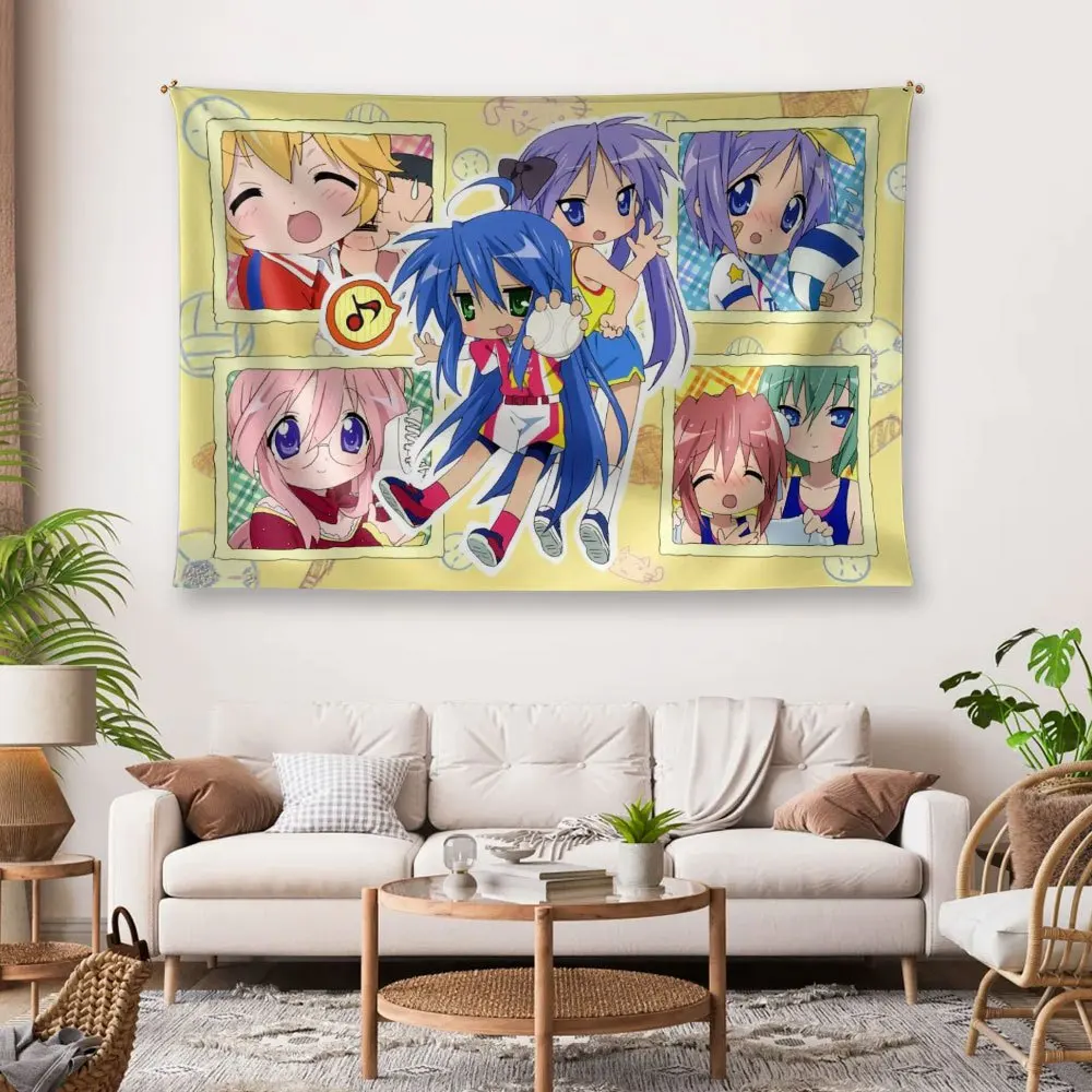 1pc Lucky Star Anime Tapestry, Horizontal Manga Wall Hanging with Character & Iconic Poses, Polyester Decor for Room, Bedspread