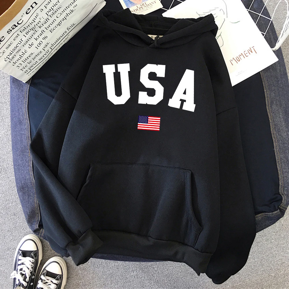 Usa American Flag Patriotic Print Print Hoodies Mens Pocket Autumn Clothes Crewneck Loose Streetwear Fleece Warm Mans Clothing