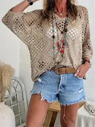 New Sexy V Neck Hollow Out Knitted Sweater Spring Solid Half Sleeve Cape Top Pullover Autumn Fashion Cover Up Women Beach Top