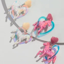 New Iridescent Heart Horse Acrylic Drop Earrings for Women Laser Hollow Love Cute Animal Long Earring Fashion Party Jewelry Gift