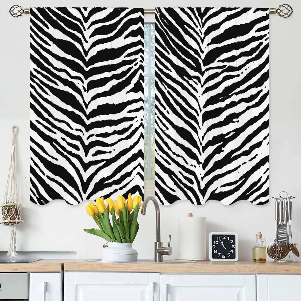 Zebra Pattern Kitchen Curtains Black and White Texture Animal Skin Fur Print Short Tier Curtains for Bathroom Cafe Small Window