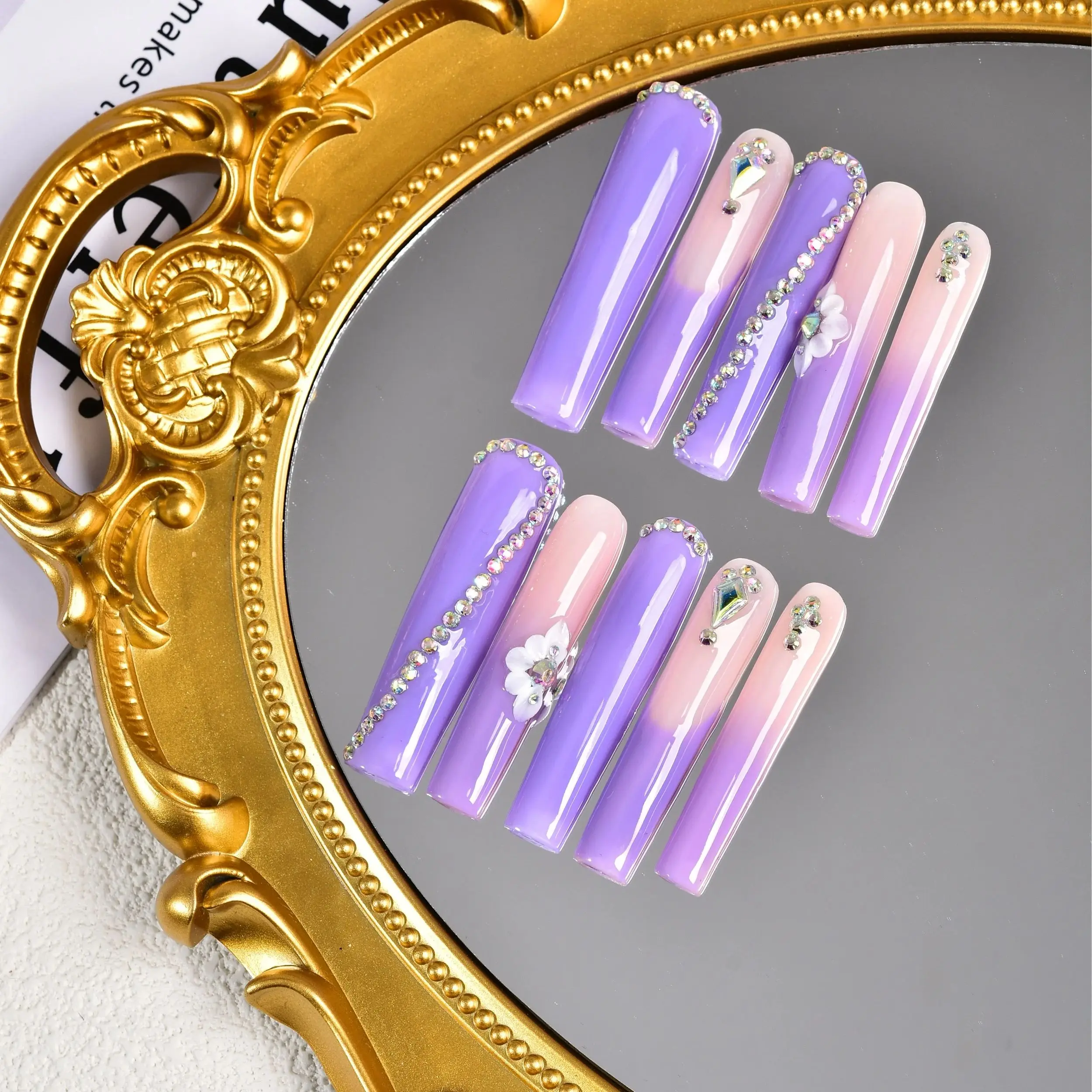 

10pcs handmade nail long square nail combination series of fake nails, press nails, purple daily wear acrylic nails