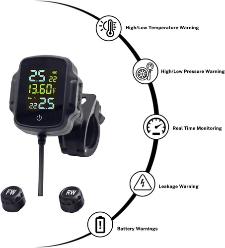 Imagen 1 del producto Sistema de Monitoreo de Presión de Neumáticos para Motocicleta/Automóvil, Sistema de Alarma de Temperatura de Neumáticos TPMS para Motocicleta con Cargador USB QC 3.0