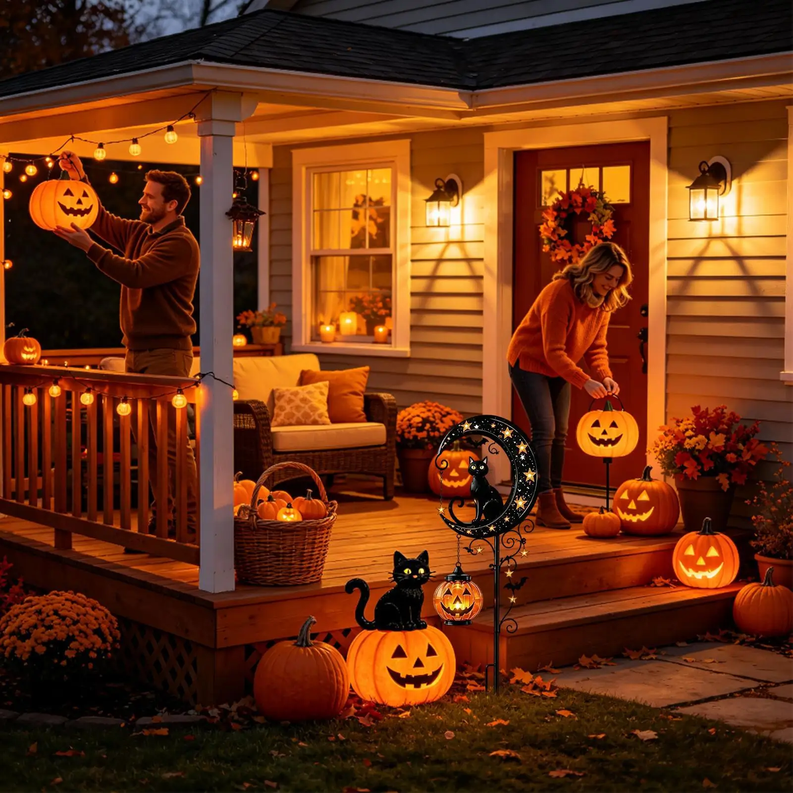 Solar Garden Stake Light Weather-Resistant Auto On Spooky Lantern Pumpkin Moon Garden Light For Patio Yard Lawn Pathway Porch