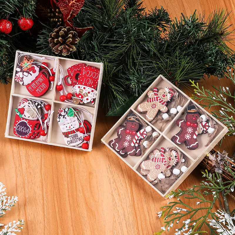 

Christmas Decoration 12PCS Cartoon Four Palace Grid Wooden Gingerbread Man Ice Cream Doll Box Set Pendant Christmas Tree Pendant