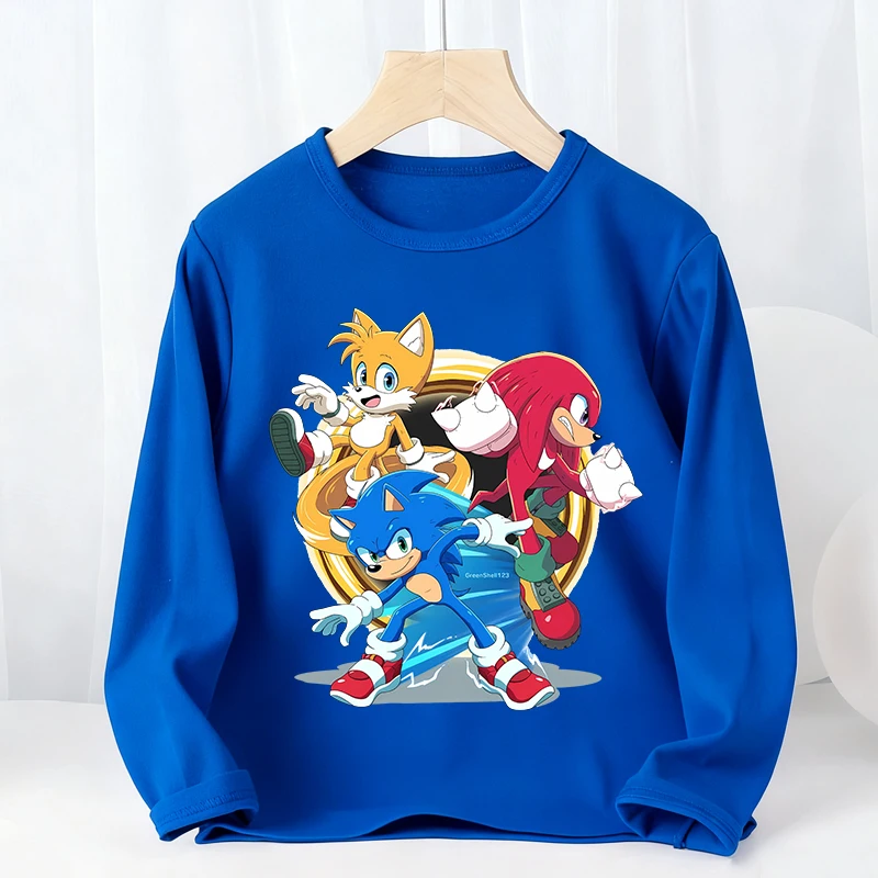Sonics Kids Long Sleeves T-shirts Cartoon Crewneck Bottoming Undershirts Anime Pullover Thin Top Tees Children Clothing Gift New