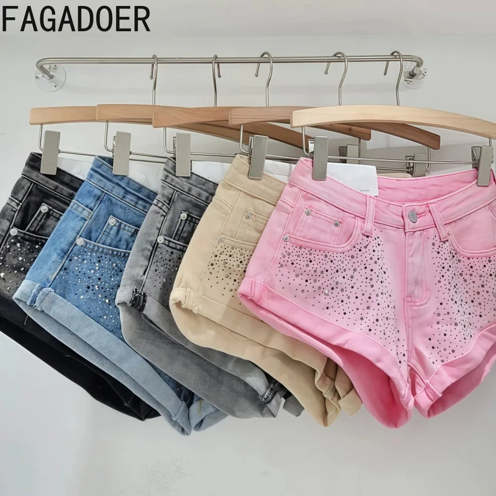 

FAGADOER Y2k Retro Fashion Rhinestone Denim Shorts Women Pink Summer New A-Line Wide Leg Jeans Ultra Short for Hot Girls Bottoms