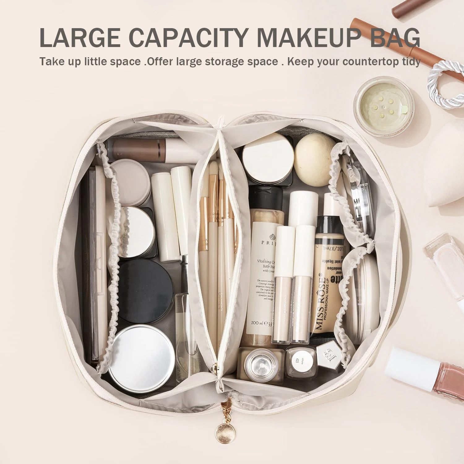 Travel Makeup Bag - Water-Resistant Portable Cosmetic Pouch, Flat Open Organizer for Toiletries and Brushes