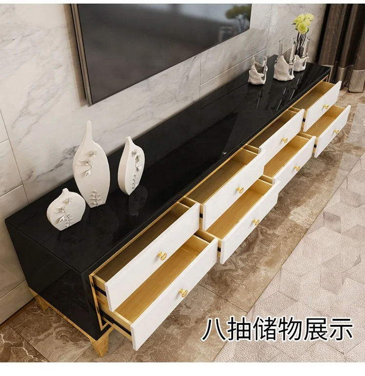 Modern living room TV cabinet gold stainless steel legs black TV stand and coffee table furniture