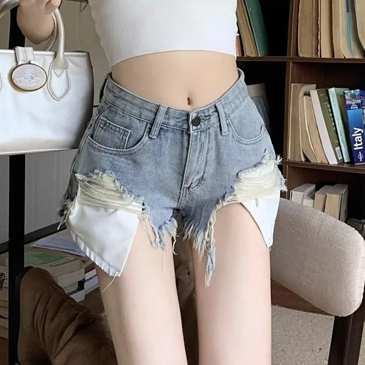 

24 New Summer Women's Ripped Fringed Raw-edged Jeans Denim Shorts High-waisted Skinny Wide-leg Shorts Y2k Streetwear