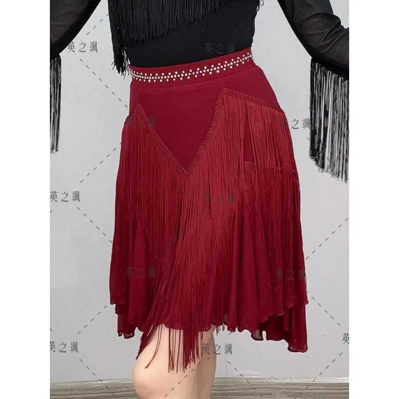 

Customized Half Length Skirt with Tassel Rhinestone Latin Dance Skirt Ballroom Dress Standard Vestidos De Baile Women Clothing
