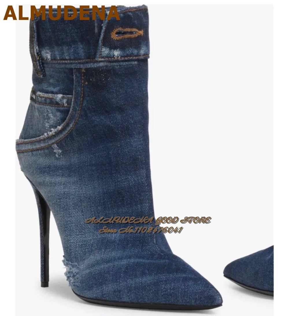 ALMUDENA Blue denim stiletto heel ankle boots pointed toe jeans pocket pattern buckle short booties elegant party shoes