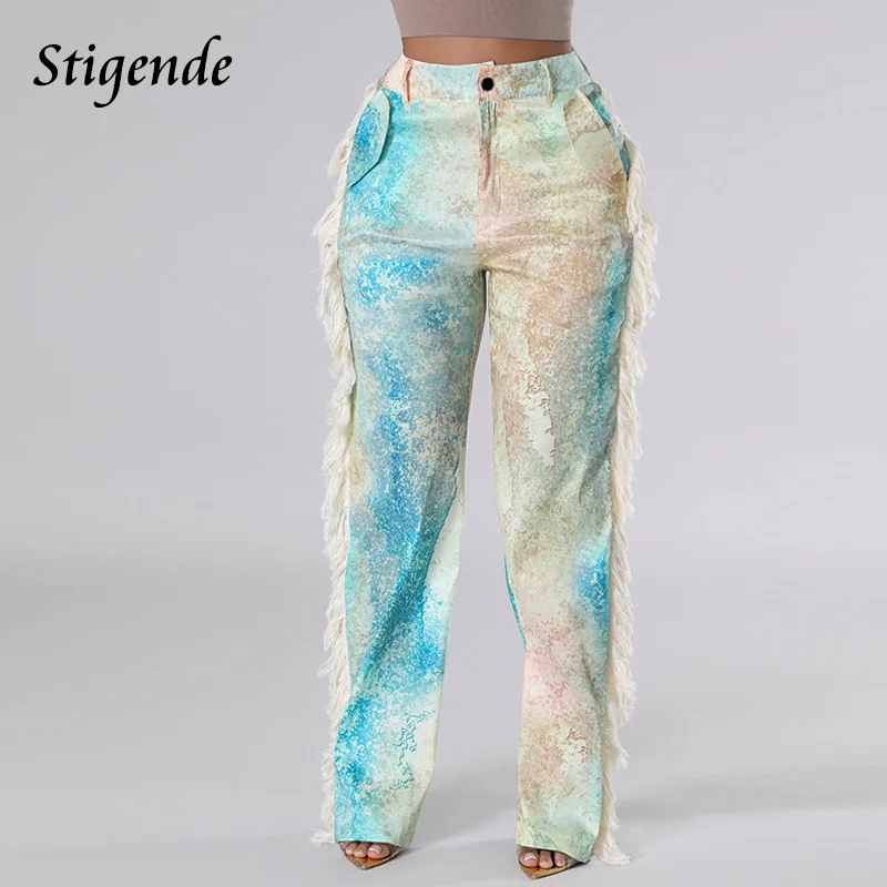 Stigende Women Patchwork Tassel Straight Pants Print Pocket Wide Leg Pants