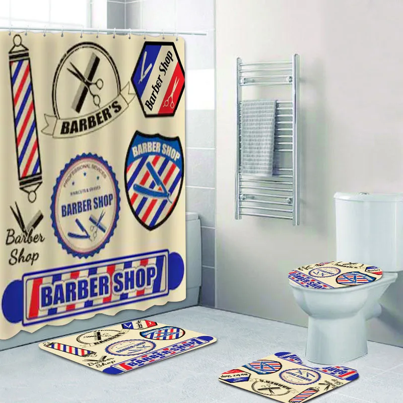 Vintage Barber Shop Shower Curtain Set for Bathroom Barber Shop Decor Toilet Bathtub Accessories Bath Curtains Mats Rugs Carpets