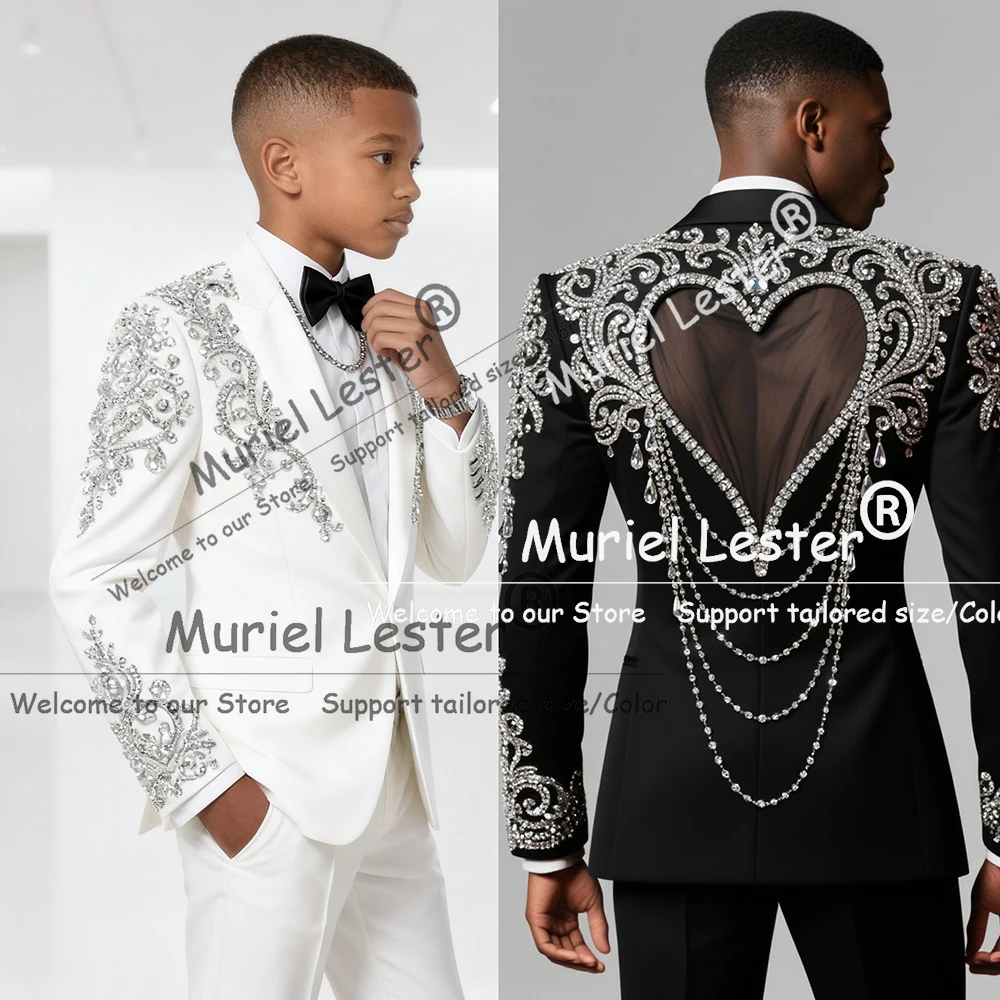 

Sparkly Beaded Stones Boys Suit Attire For Wedding 2 Cut-Out Desingn Jacket Pants Children Blazers Customized Kids Party Tuxedos