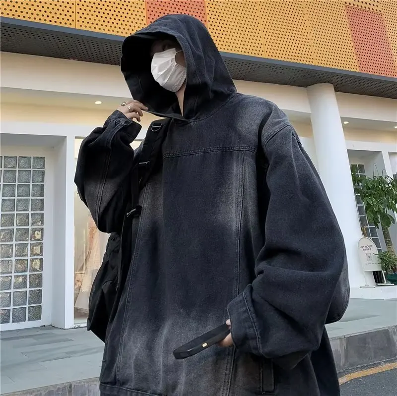 

American Retro Vibe Hooded Denim Jaet Trendy Brand Autumn Winter Loose Haome Overhead Jaet for Youth Outdoor Wear