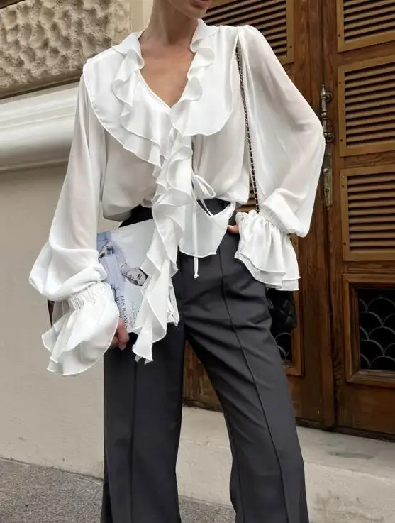 

Women's Autumn Fashion Shirt V-Neck Long Sleeve Ruffled Edges French Style Clothing with Straps