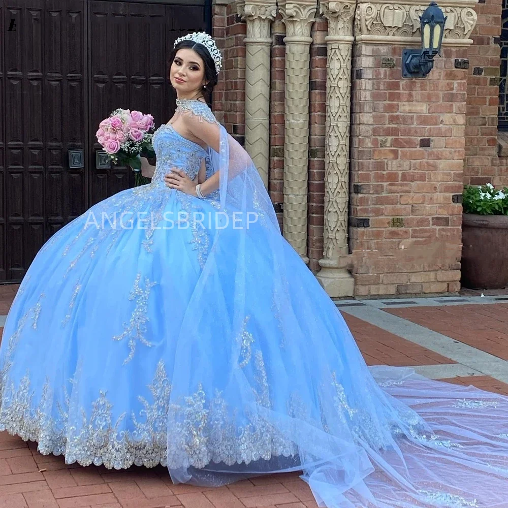 Angelsbridep Personalizzato Splendido Cielo Blu Con Mantello Appliques Abito di Sfera 15 Anni Abiti Quinceanera 2025 Abiti De Xv Años