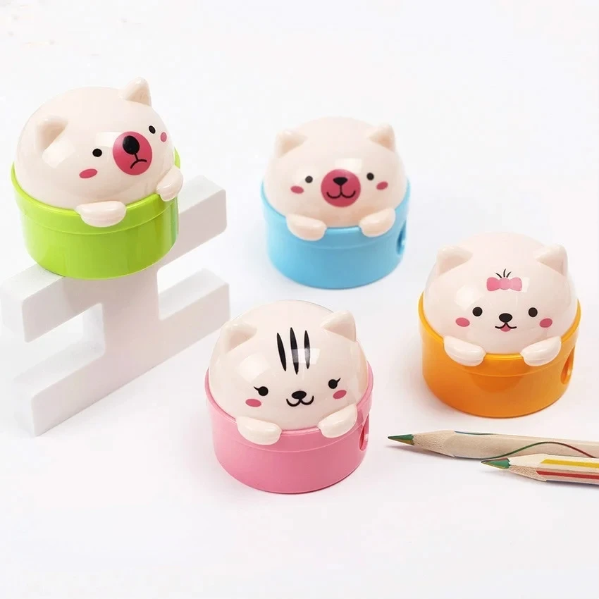 1PC Stationery Double Holes Pencil Sharpener Cartoon Cat and Bear Plastic   for Kids Student School Color Set