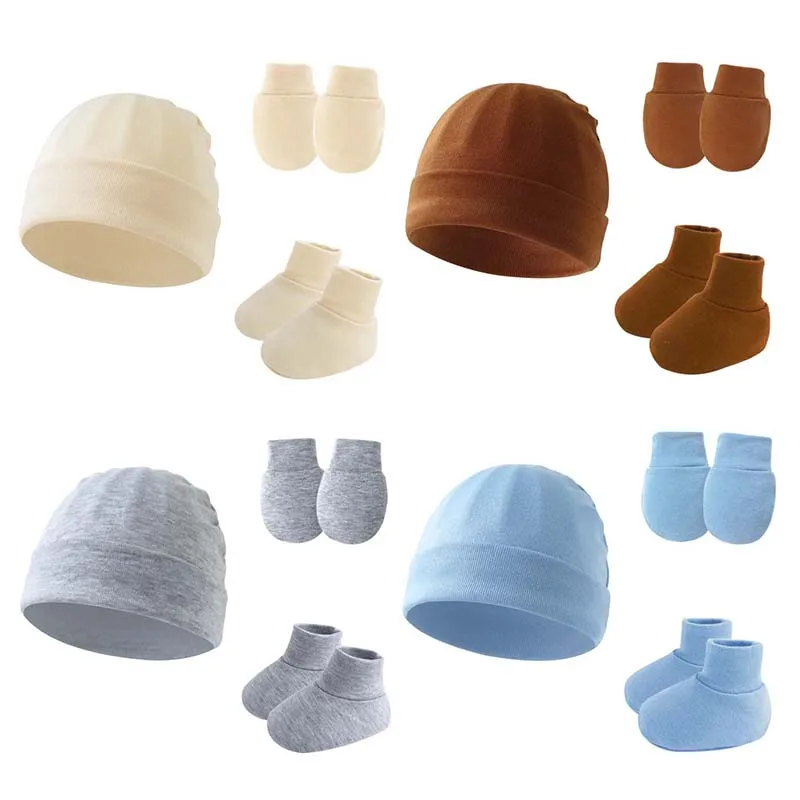 

0-6M Newborn Cotton Hats Gloves Socks Set Baby Boneless Beanies Cap Spring Autumn Windproof Warm Bonnet Solid Knitted Turban Hat